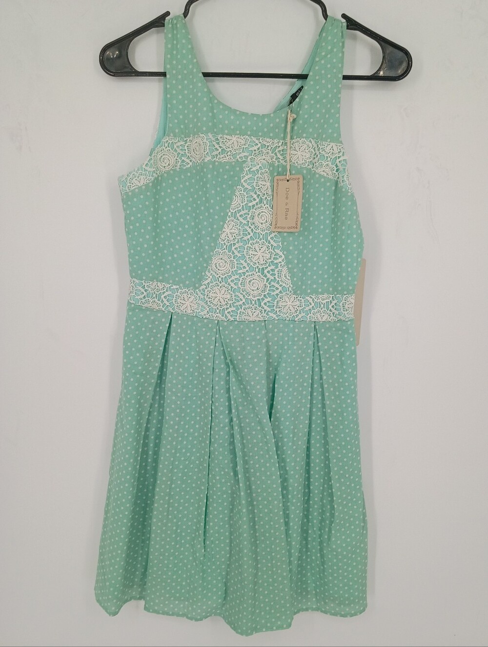 Doe & Rae Mint Polka Dot Lace Trim Coquette Cottagecore Mini Sundress
